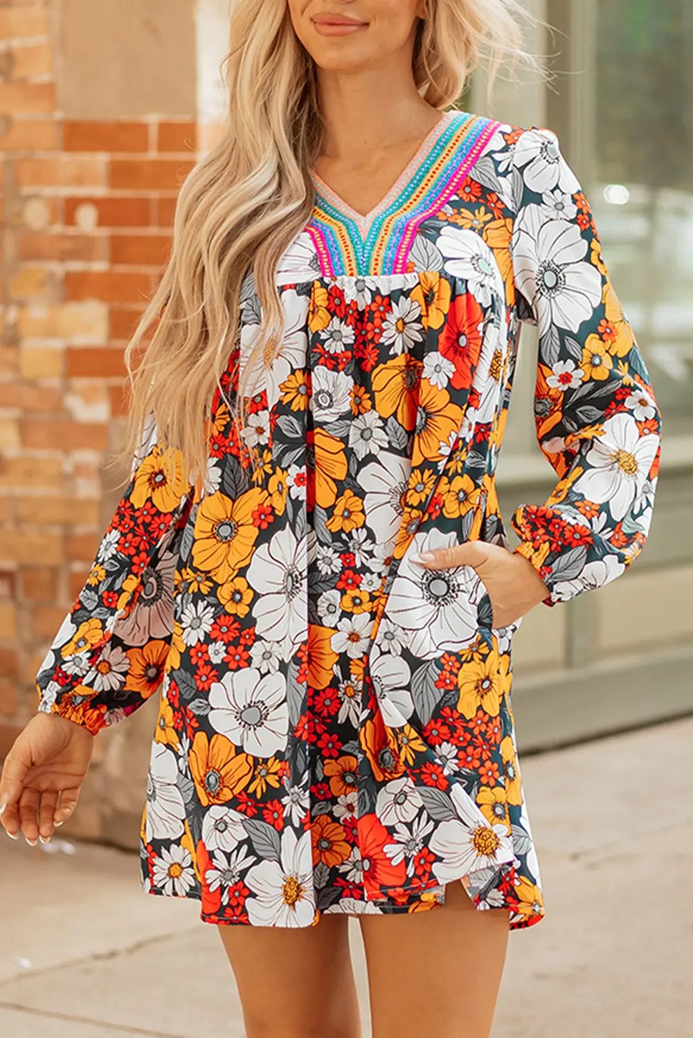 Orange Floral Print Lace V Neck Long Sleeve Mini Dress Dear-Lover Dropshipping